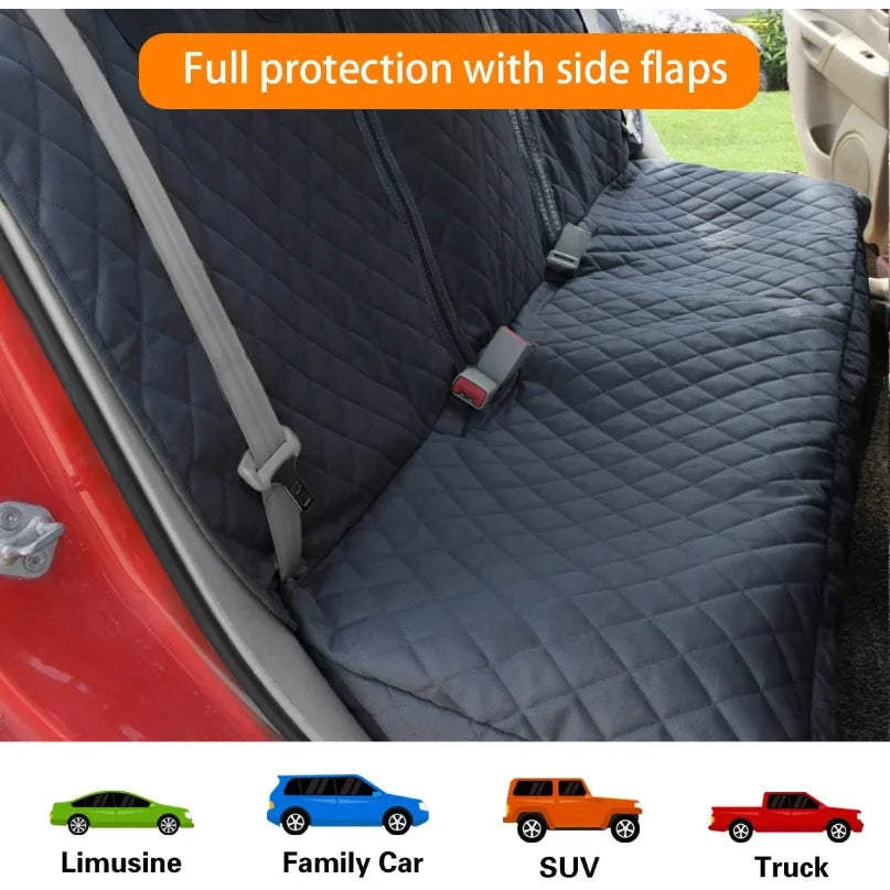 A dark gray waterproof dog car seat cover with side flaps installed in a red car interior.