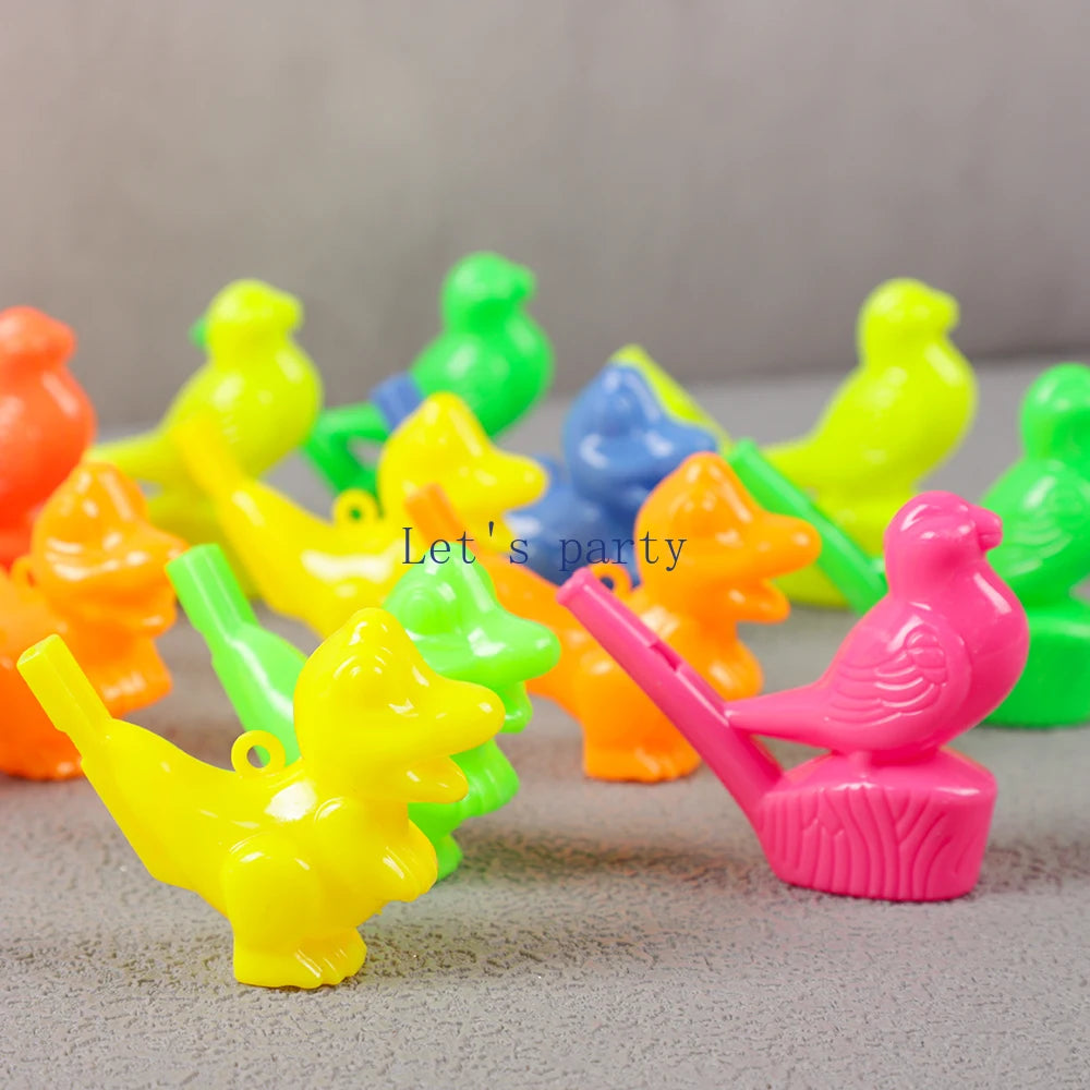 A collection of colorful bird and dinosaur water whistles in various bright colors.