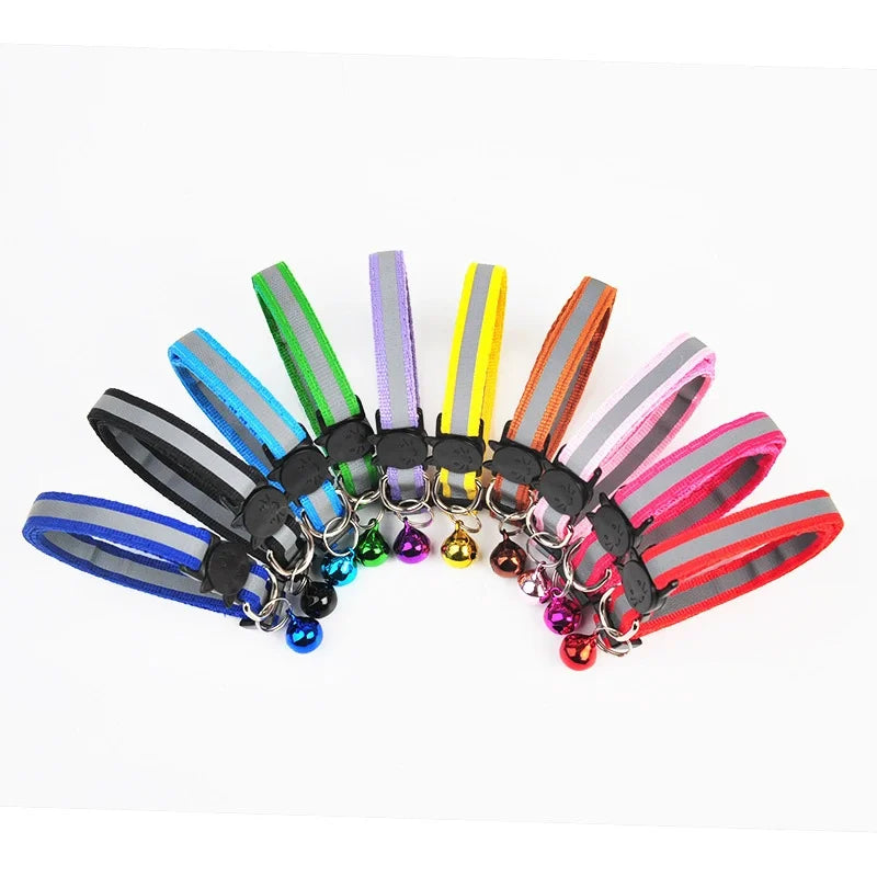 A collection of colorful reflective pet collars with adjustable head buckles displayed on a white background.