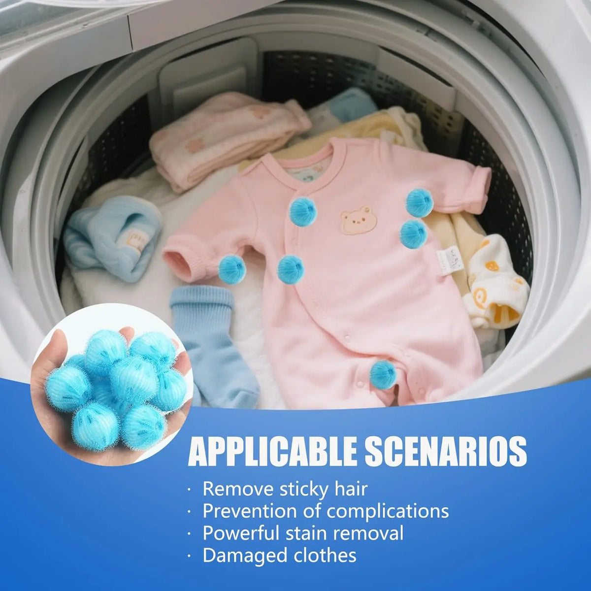 Reusable lint catchers shown next to a pink baby garment inside a washing machine drum.