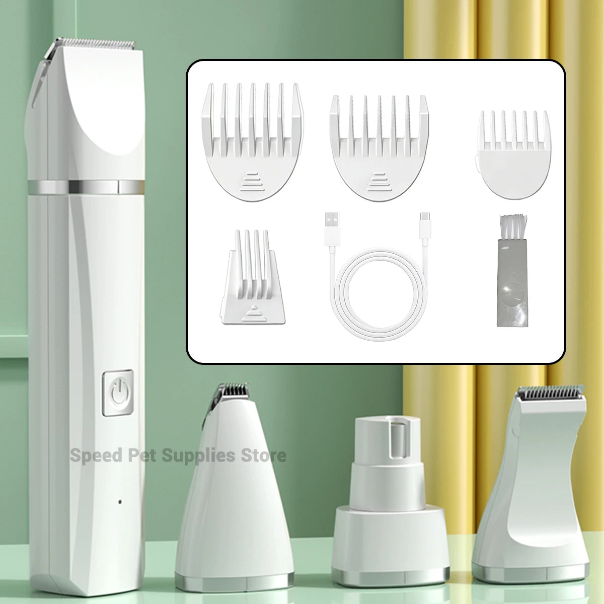 A white 4-in-1 multifunctional pet grooming kit featuring various metal grooming tools and a main body device.