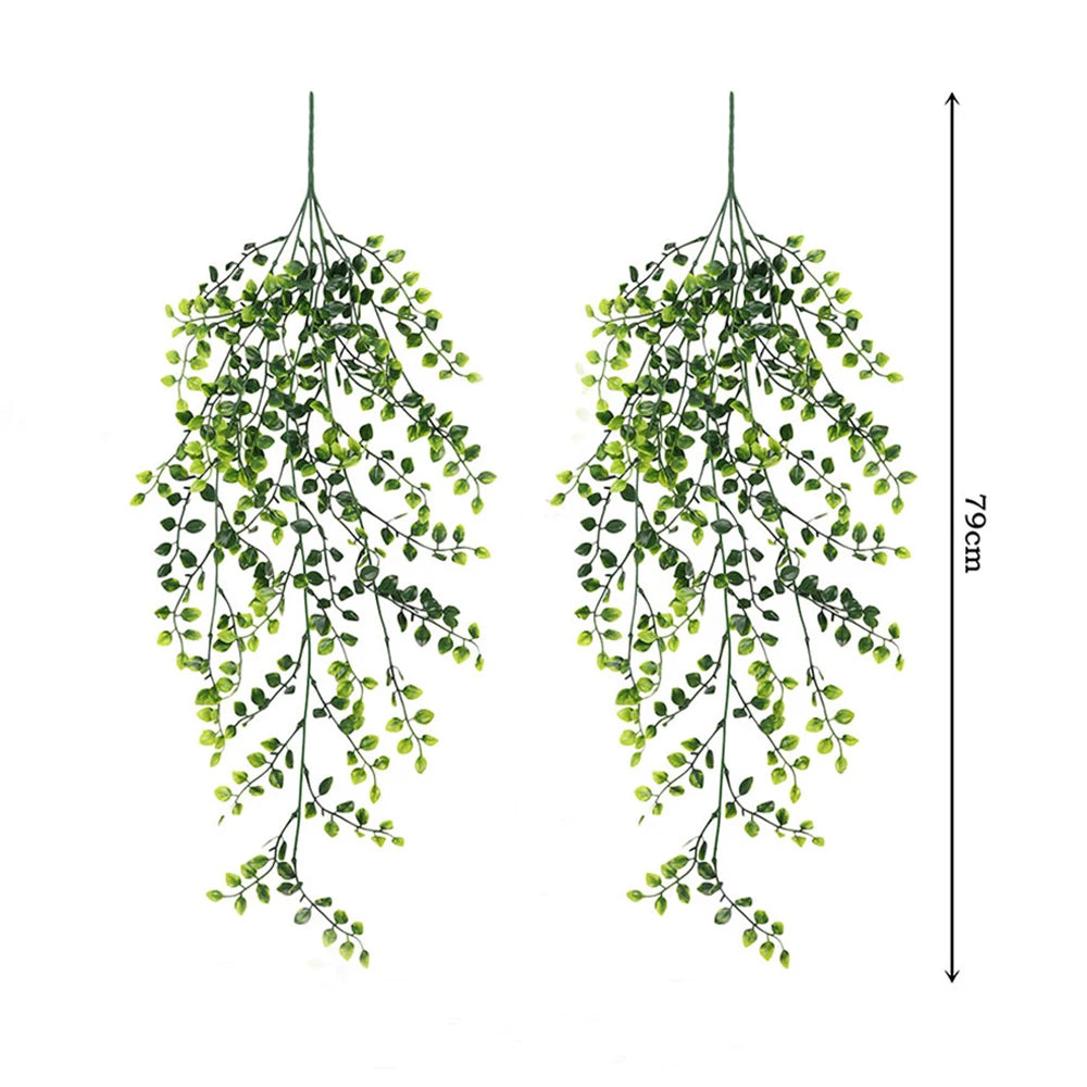 Vertikale Illustration eines künstlichen Monstera-Blatt-Girlanden mit grünen Blättern und einer Skala.