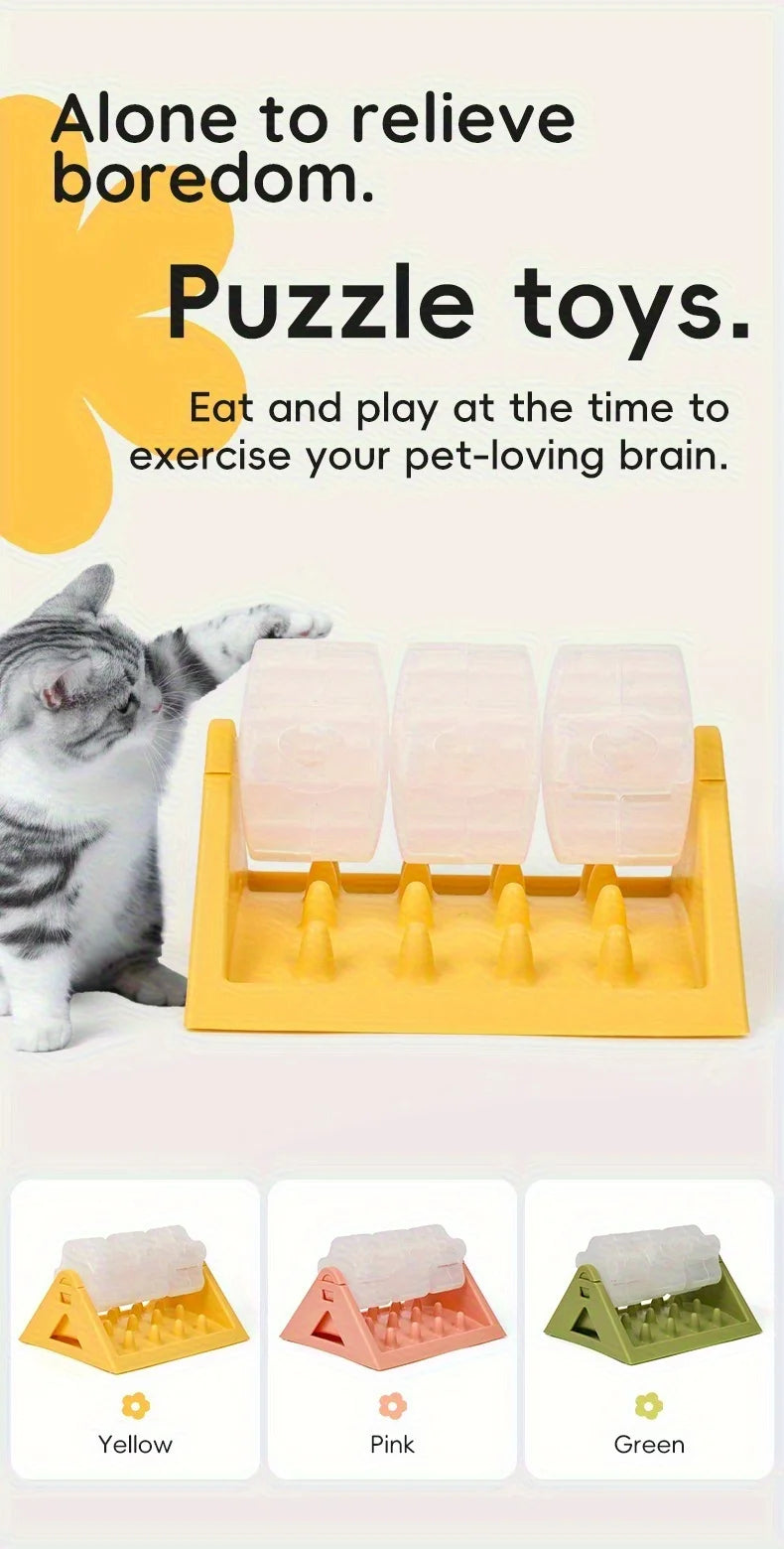 Yellow, pink, and green puzzle toys for pets to eat and play while exercising their brains.