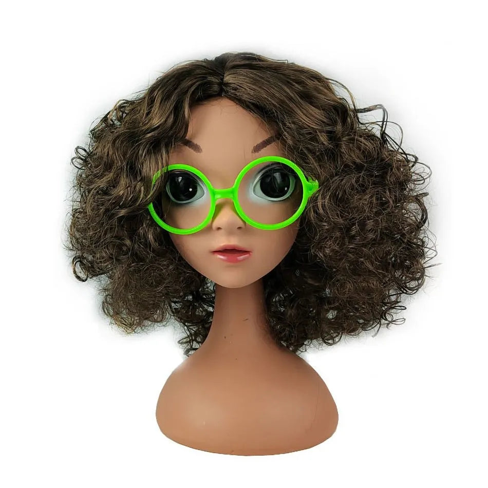 Mannequin with bright lime green round glasses and dark curly hair.
