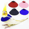 Un pájaro amarillo y blanco con un collar azul, junto a varios collares de fieltro de colores.