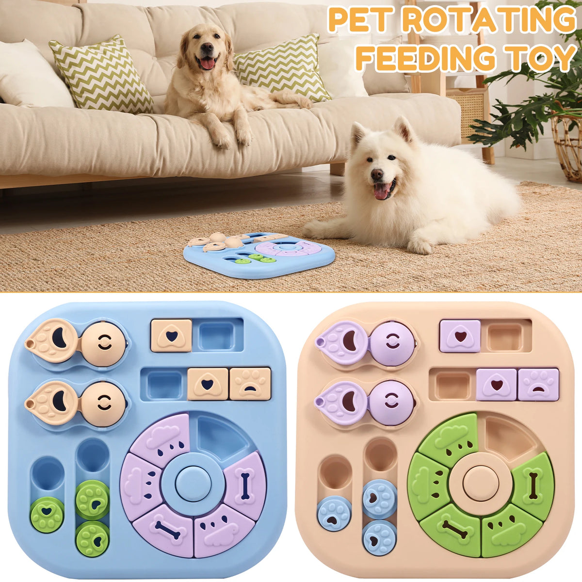 A white dog is resting on a sofa while a colorful pet rotating feeding toy is displayed nearby.