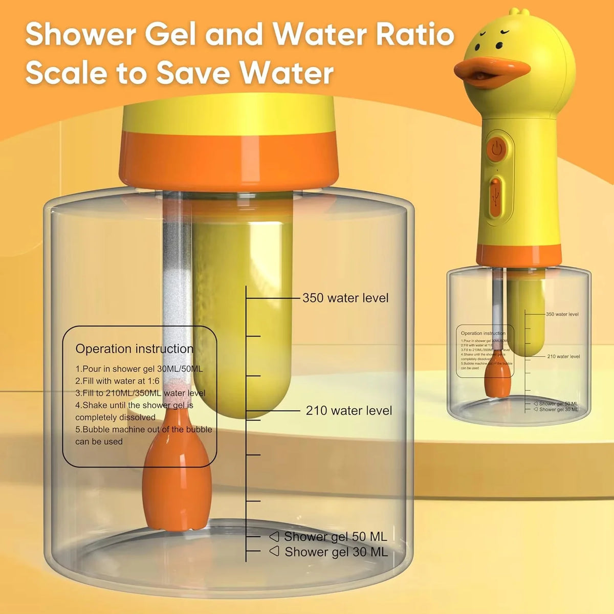 A yellow duck-shaped electric foam dispenser for shower gel and water ratio to save water