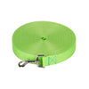 A round, lime green durable nylon dog training leash with a metal clip.