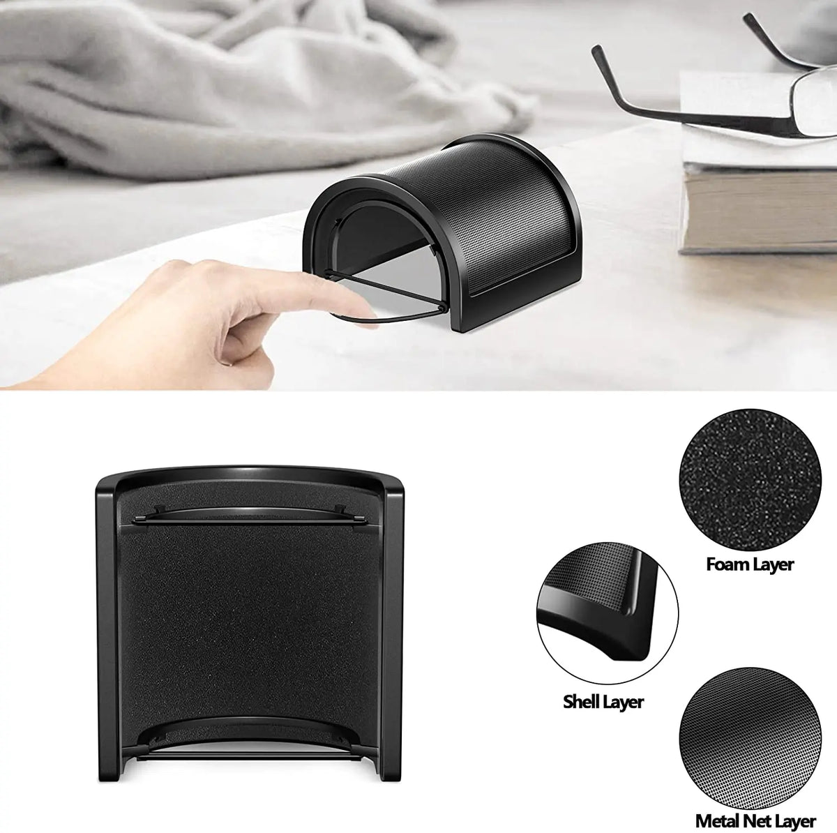 Schwarzer Mikrofon-Pop-Filter mit Netz-Windschutz und Schaumstoffschicht neben den zerlegten Komponenten.