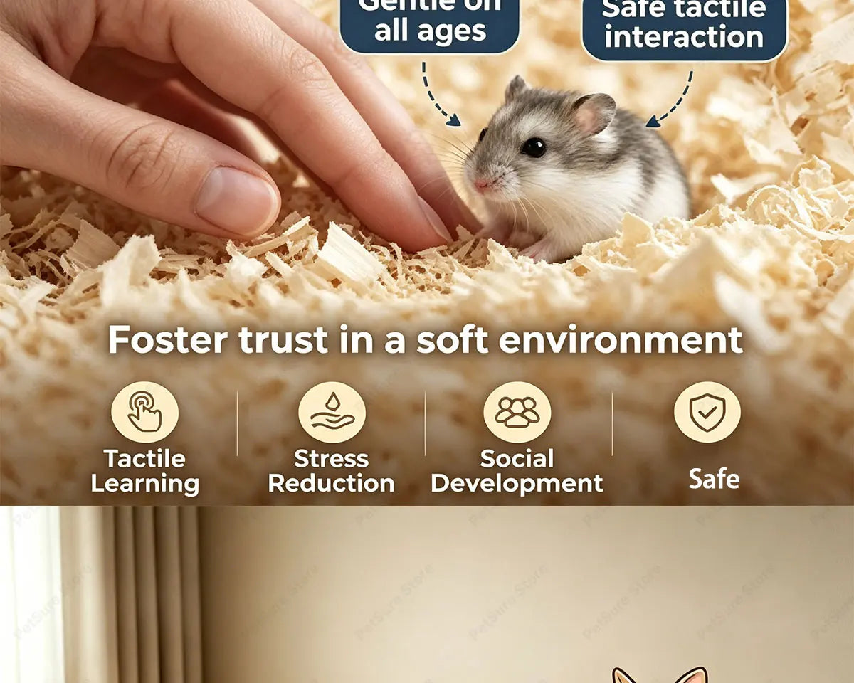 A small gray rodent is interacting with natural wood chips bedding, demonstrating safe tactile learning and social developmen