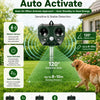 A dark green motion sensor device is shown detecting a dog in an outdoor garden setting.
