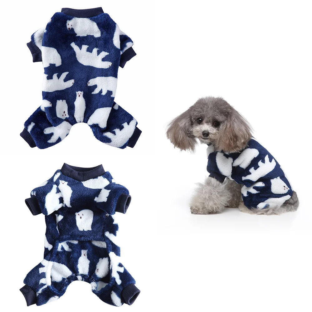 Blue and white patterned cozy winter overalls for a small dog