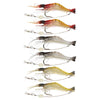 A series of luminous soft shrimp lures for fishing, showing various colors and designs.