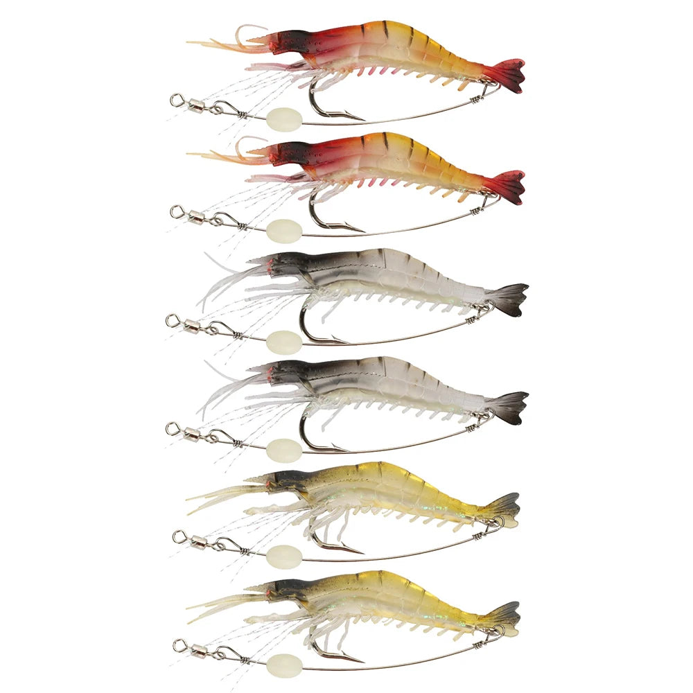 A series of luminous soft shrimp lures for fishing, showing various colors and designs.