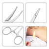 A set of stainless steel medical instruments including forceps and surgical scissors, shown alongside a cautery tool.