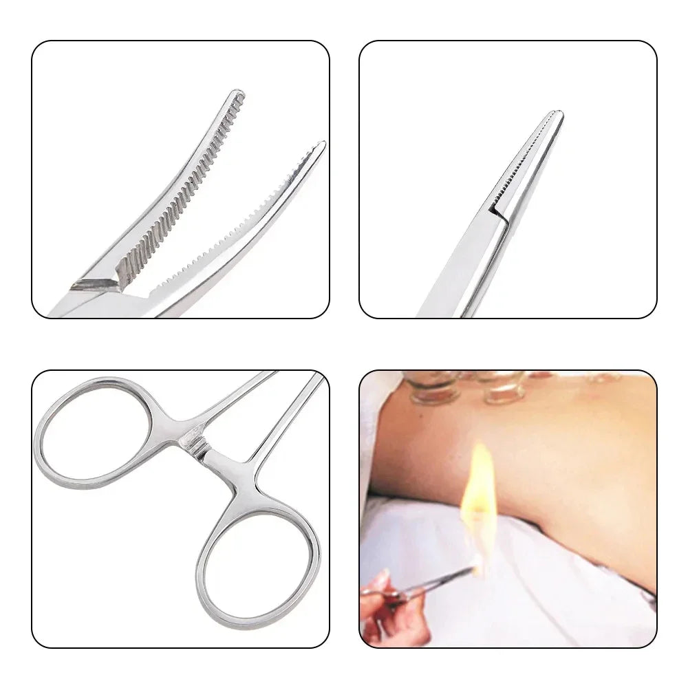 A set of stainless steel medical instruments including forceps and surgical scissors, shown alongside a cautery tool.