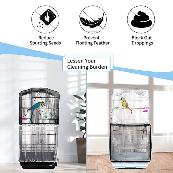 A black wire bird cage with a mesh net cover designed to reduce spouting seeds, prevent floating feather, and block out dropp