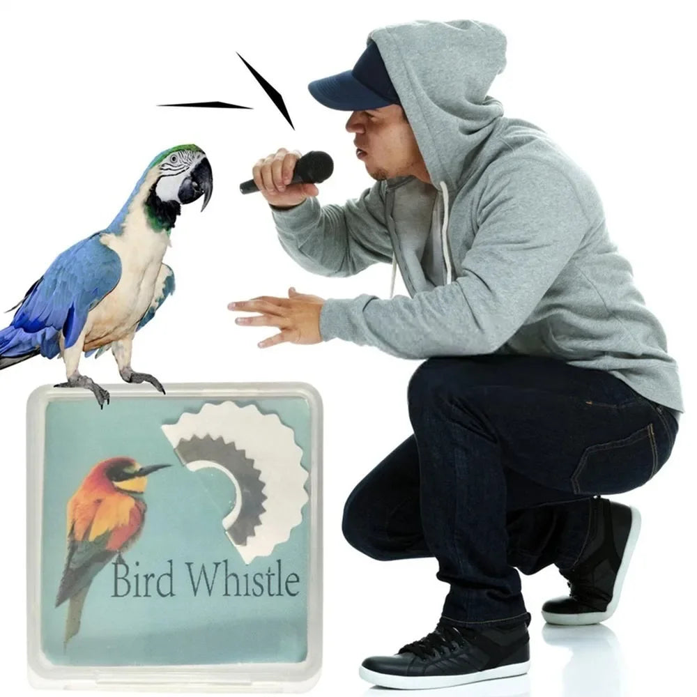A person is demonstrating a discreet mouth bird whistle product, showing the realistic sound effect.