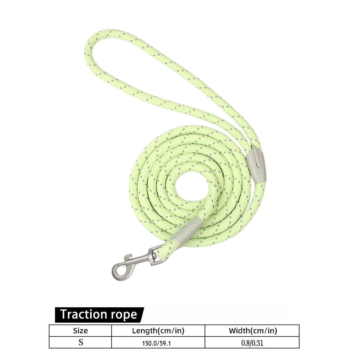 A bright lime green traction rope dog leash with a quick-release clip and silver hardware.