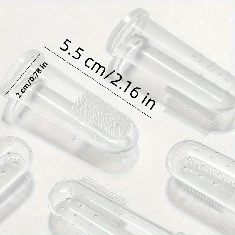 A collection of clear silicone pet toothbrushes for dogs and cats shown at various angles.