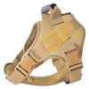 A tan tactical dog harness with a reflective vest is shown from above.