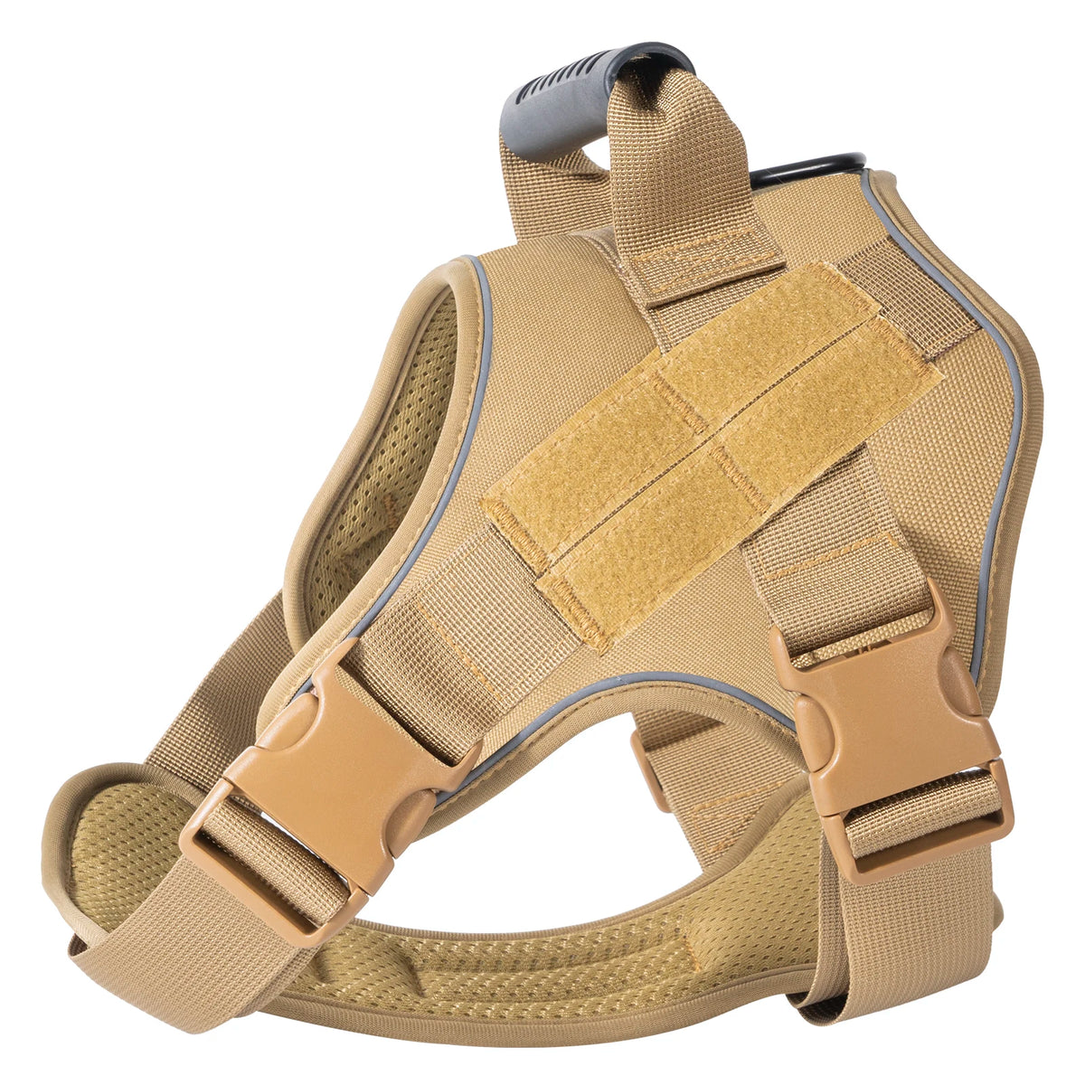 A tan tactical dog harness with a reflective vest is shown from above.