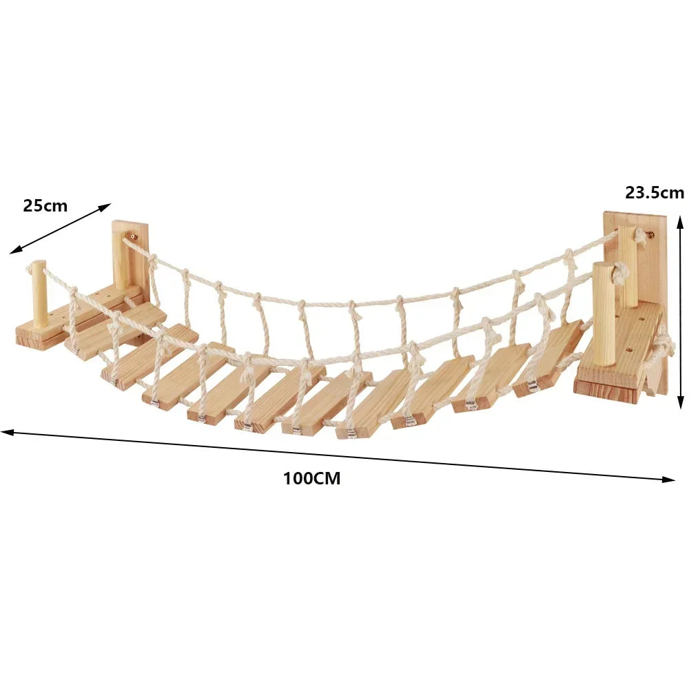 Wall mounted cat climbing shelf and bridge made of light wood with rope netting