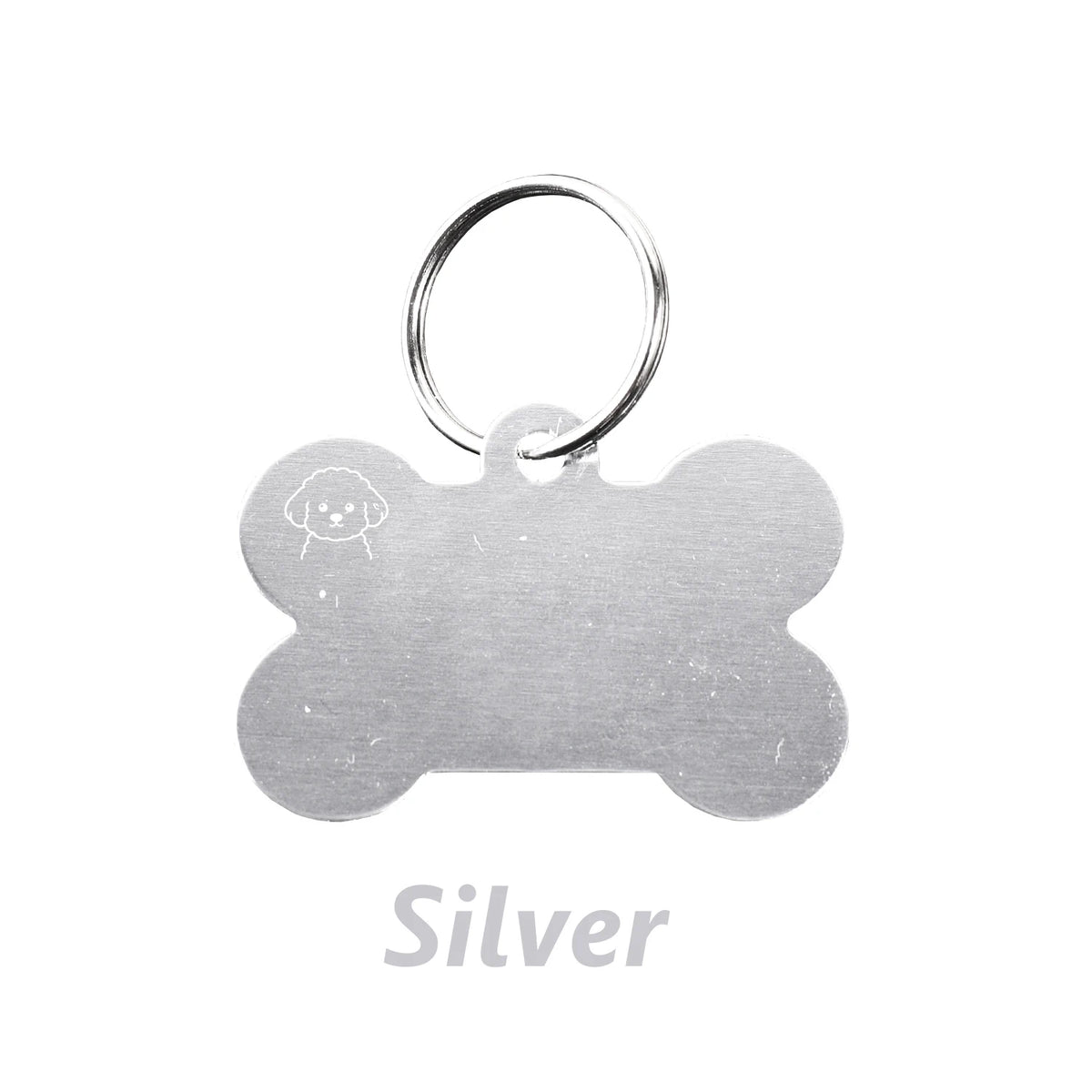 Silver bone-shaped dog ID tag with a circular keyring.