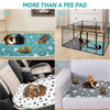Various uses of a reusable absorbent pee pad for small pet cages, including floor mats, car liners, and sofa protection.