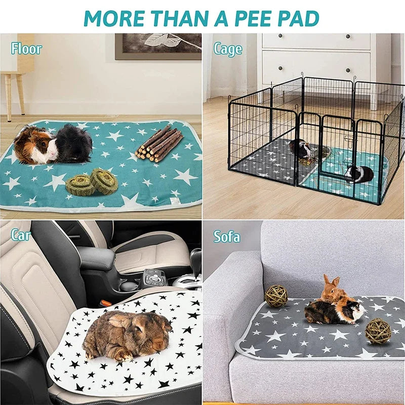Various uses of a reusable absorbent pee pad for small pet cages, including floor mats, car liners, and sofa protection.