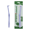 A purple tapered tooth brush for pets is shown inside its green packaging.
