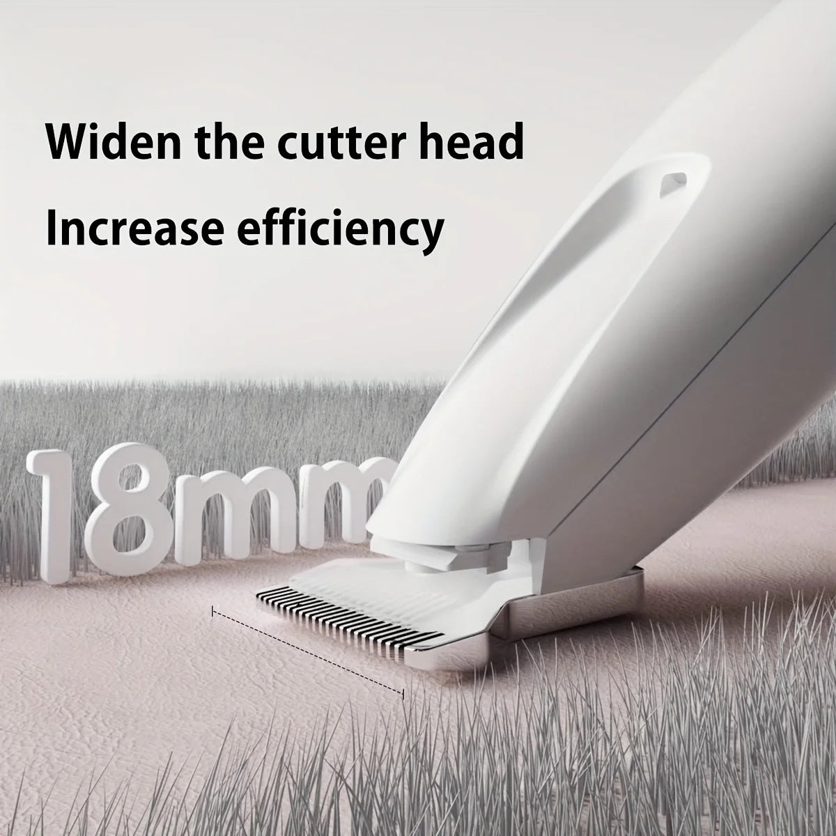 A close-up of a white pet paw trimmer with a widened cutter head on a textured surface.