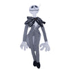 A plush toy of a cartoon skeleton dog wearing a black bow and striped clothing.