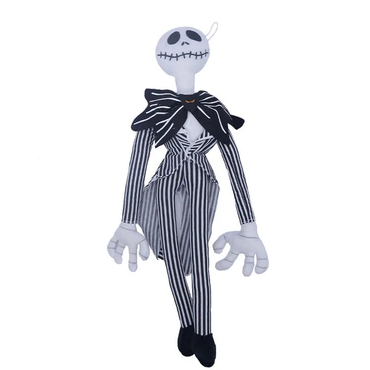 A plush toy of a cartoon skeleton dog wearing a black bow and striped clothing.