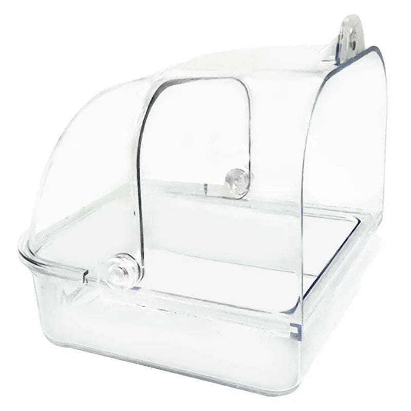 Clear plastic external bird bath designed for cages and parakeets