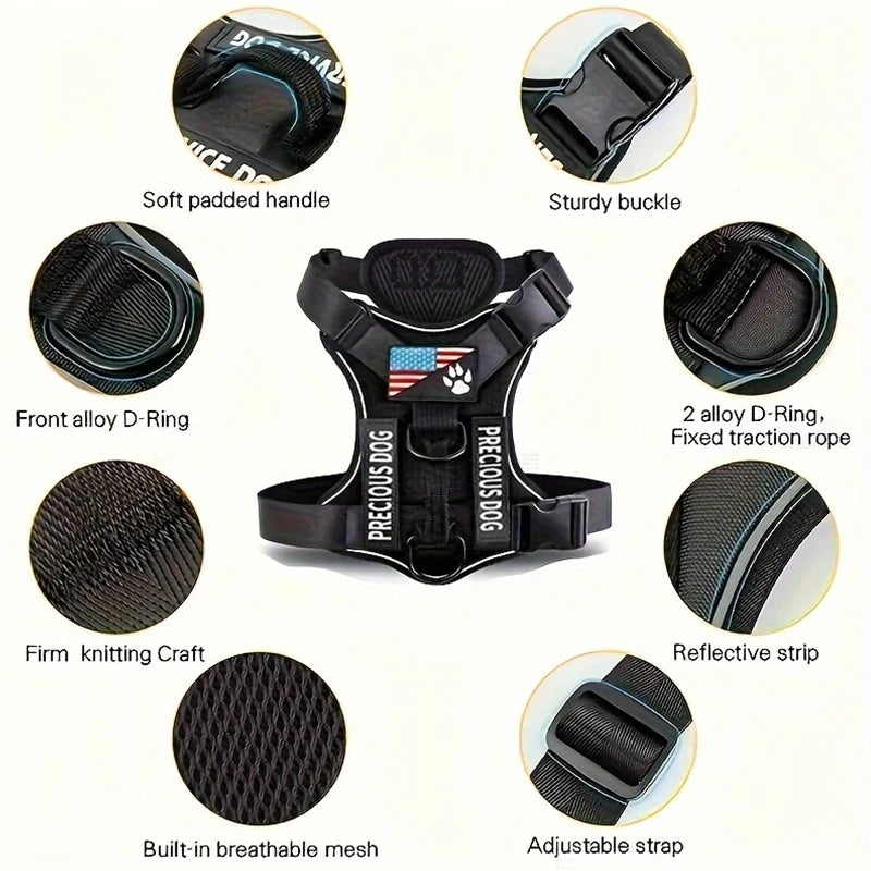 A collection of components for a Precious Dog harness including a soft padded handle, sturdy buckle, D-rings, knot, mesh, and
