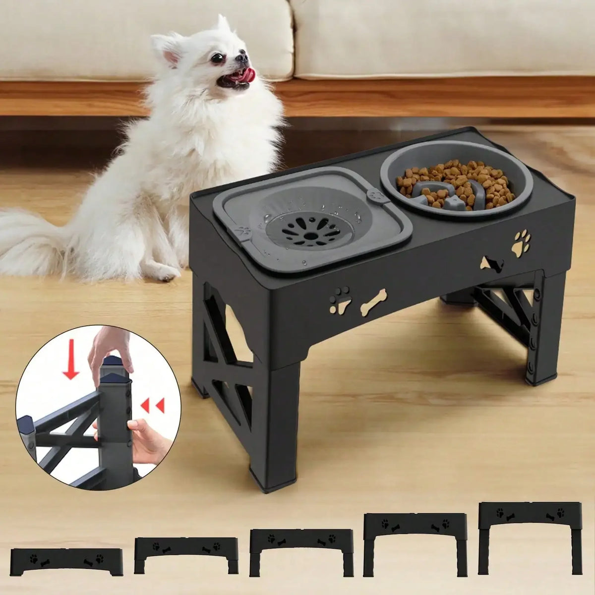 A black adjustable elevated dog bowl stand with anti-slip feet is shown next to a white dog and various sized bowl holders.