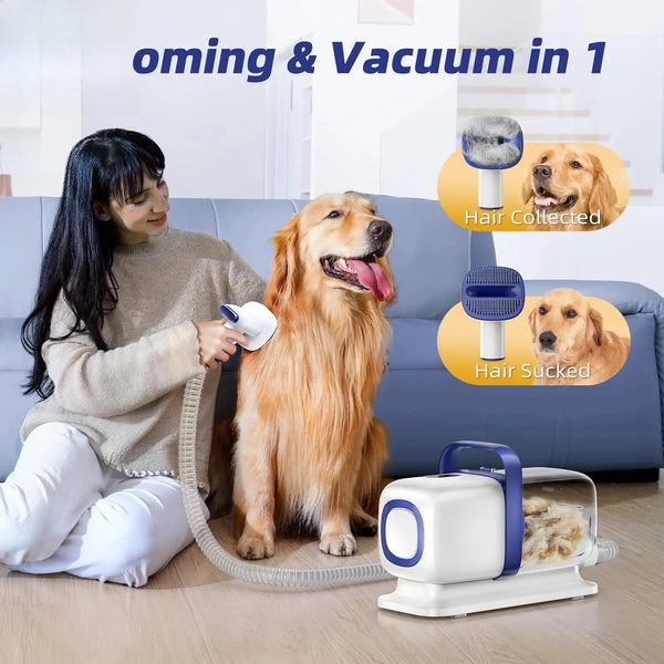 A woman is using a grooming vacuum cleaner to collect and suck hair from a golden retriever.