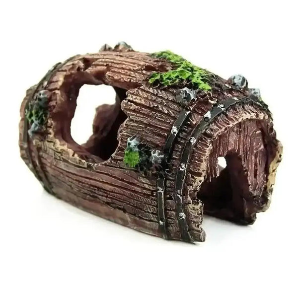 A resin broken barrel fish tank decoration featuring moss and bark textures.