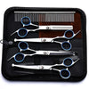 A black case containing a set of professional stainless steel pet grooming scissors and combs.