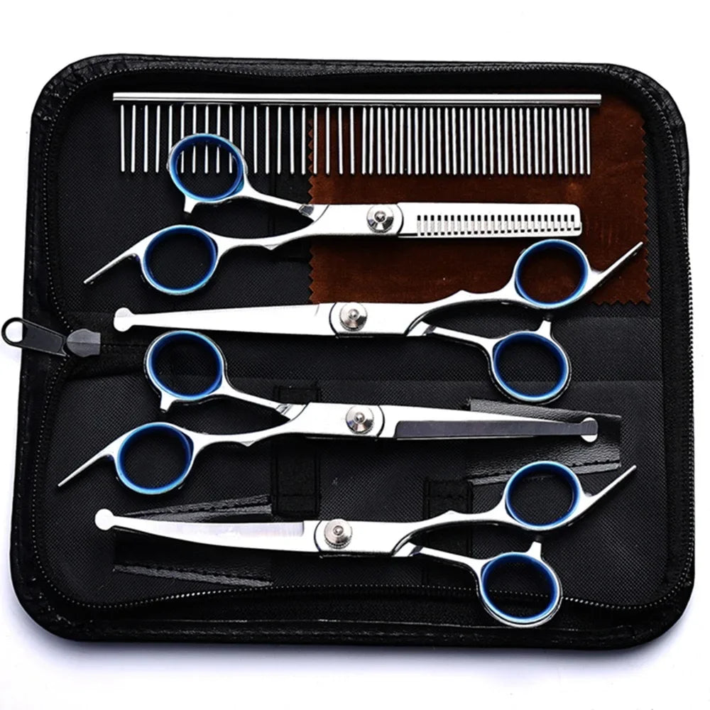 A black case containing a set of professional stainless steel pet grooming scissors and combs.