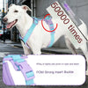 A white dog wearing a purple harness is shown outdoors, with a close-up of the POM Strong Insert Buckle.