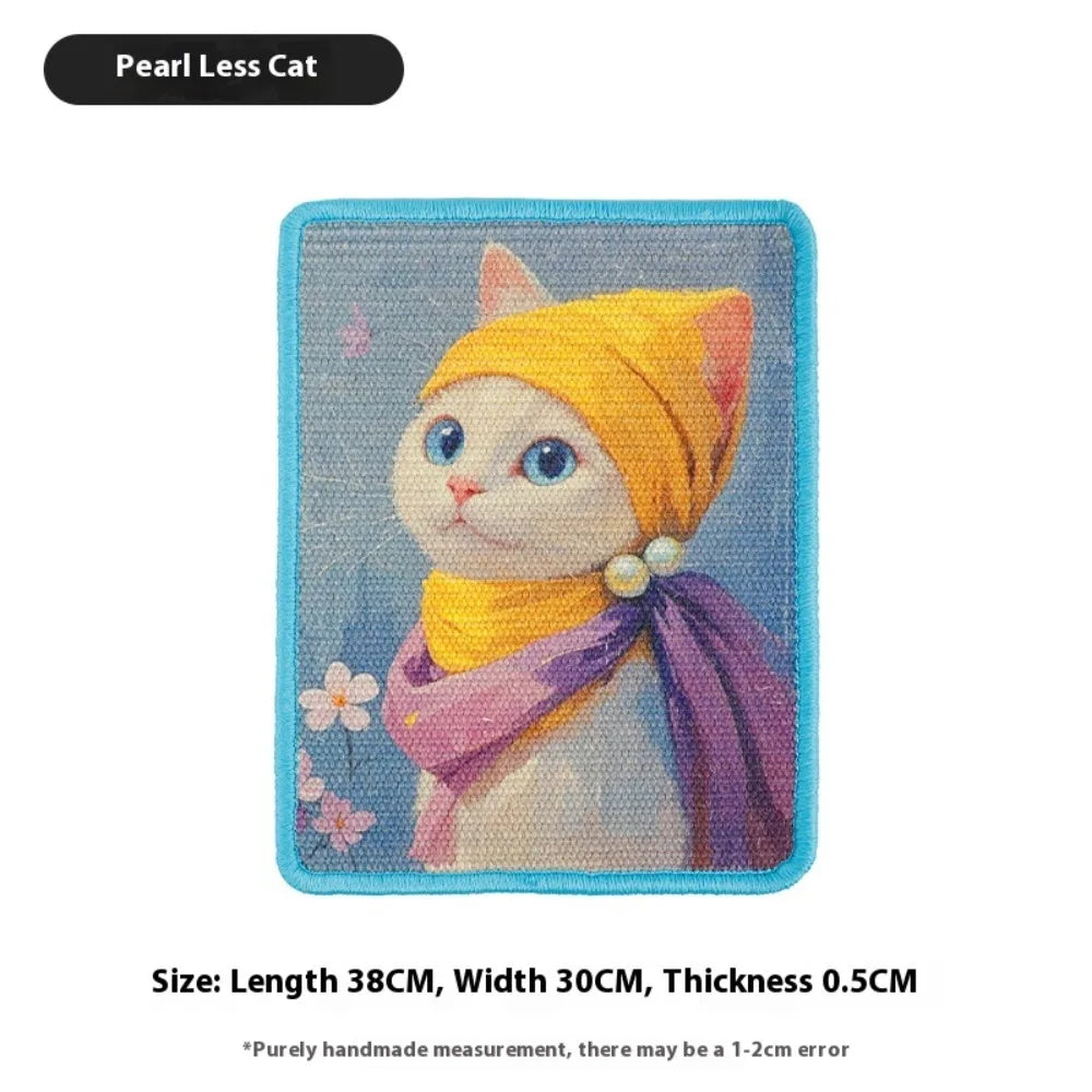 A yellow and purple cat scratching board made of natural sisal fiber.