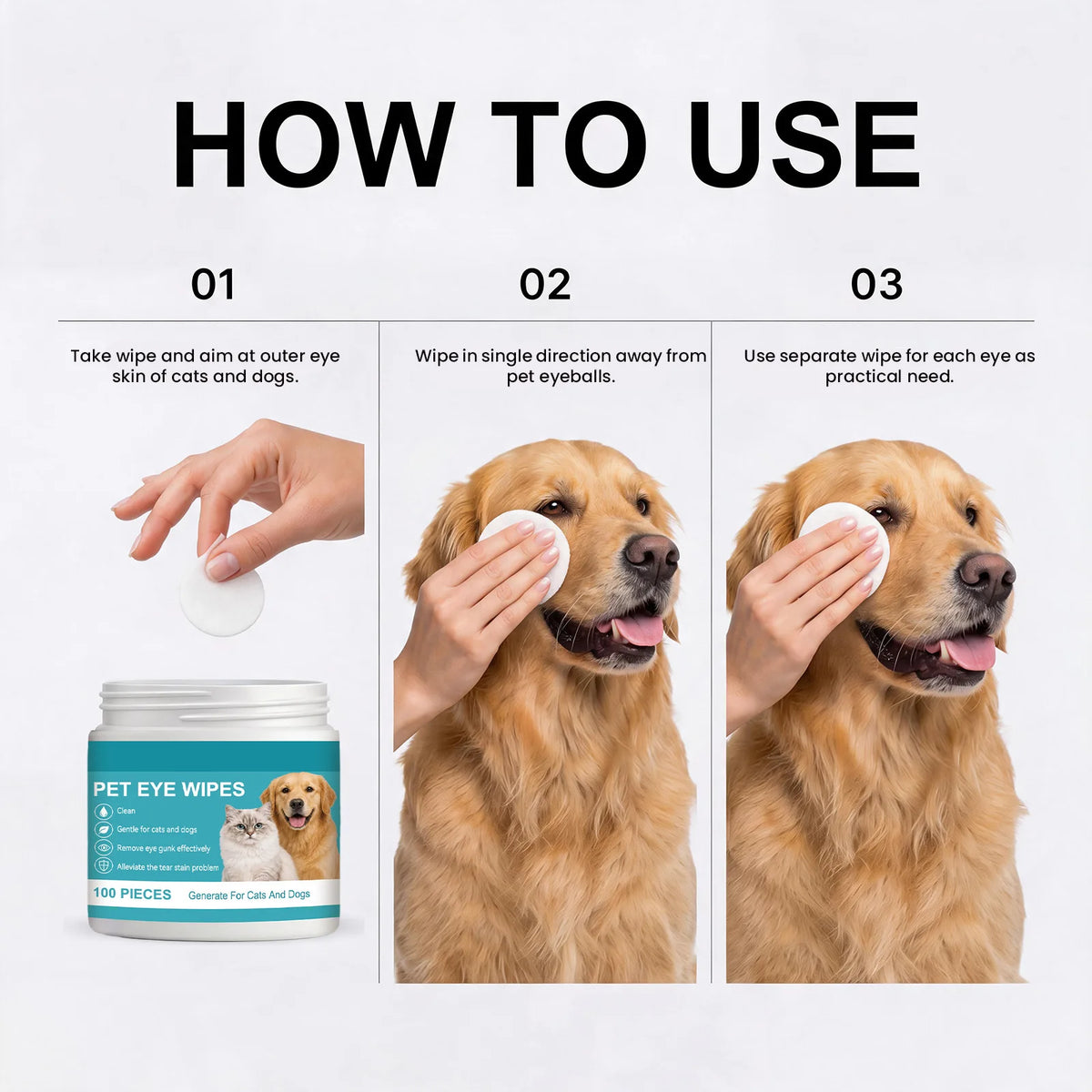 Anleitungen zur Verwendung von Reinigungstüchern für Augen von Hunden und Katzen, einschließlich Wischtechniken.