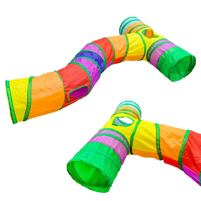 A colorful, flexible play tunnel for indoor exercise, featuring bright orange and green sections.