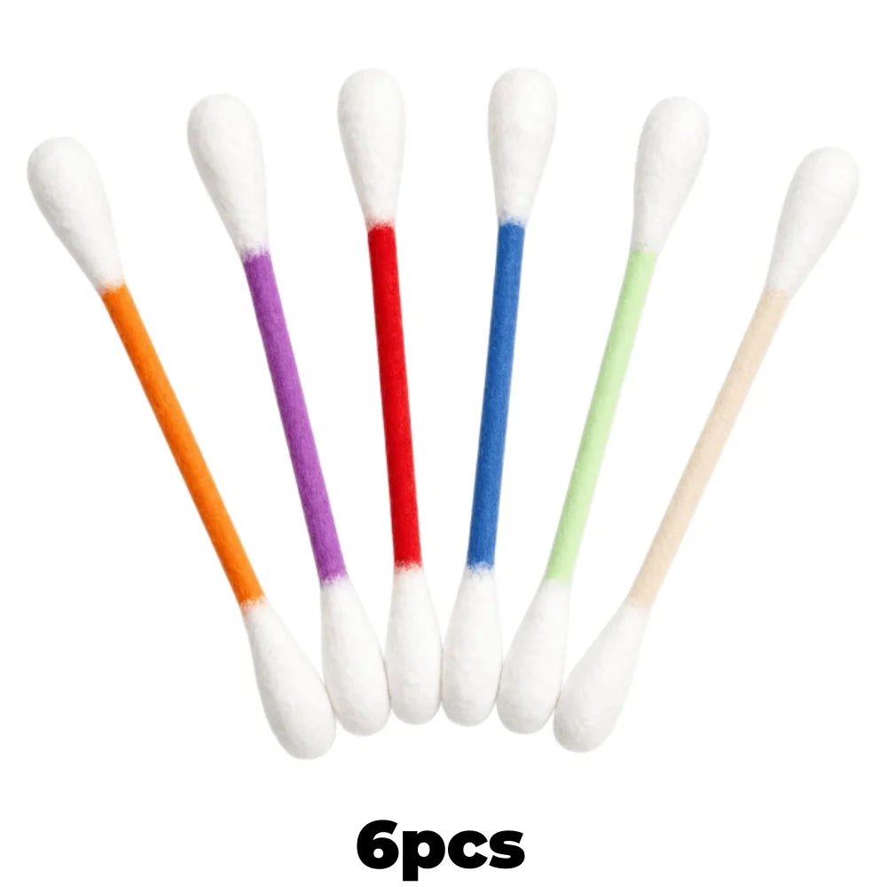 A set of six white foam cat teaser wands with colored tips: orange, purple, red, blue, green, and beige.