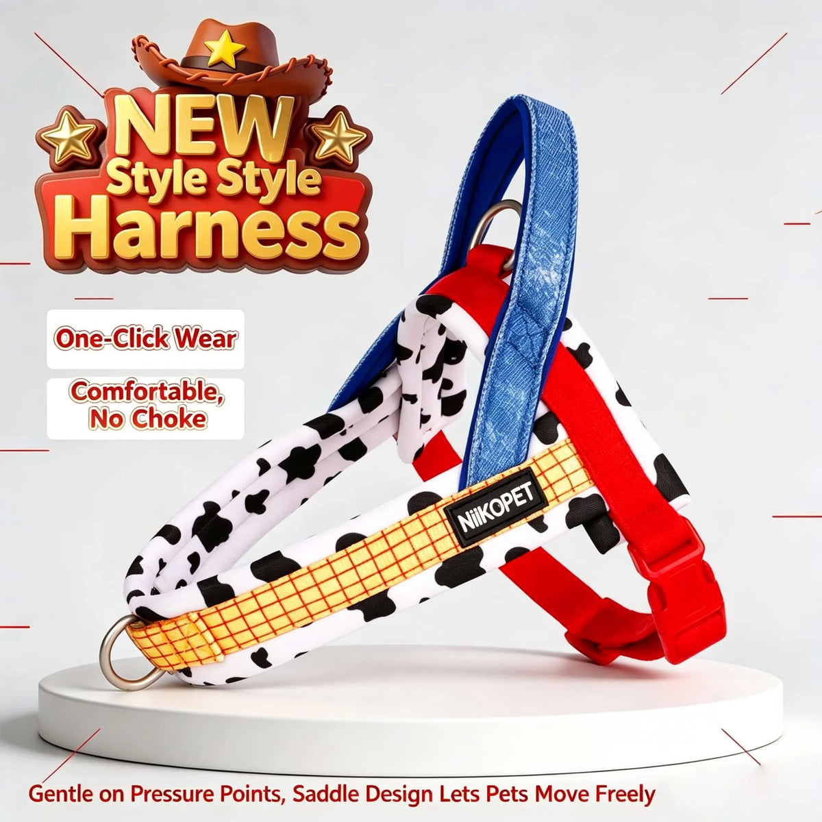 Harnais pour chien à motifs rouge et blanc avec sangle bleue, conçu pour un port confortable.