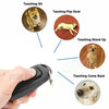 A 2-in-1 dog training clicker and whistle with a keyring, shown alongside various training scenarios involving a dog.