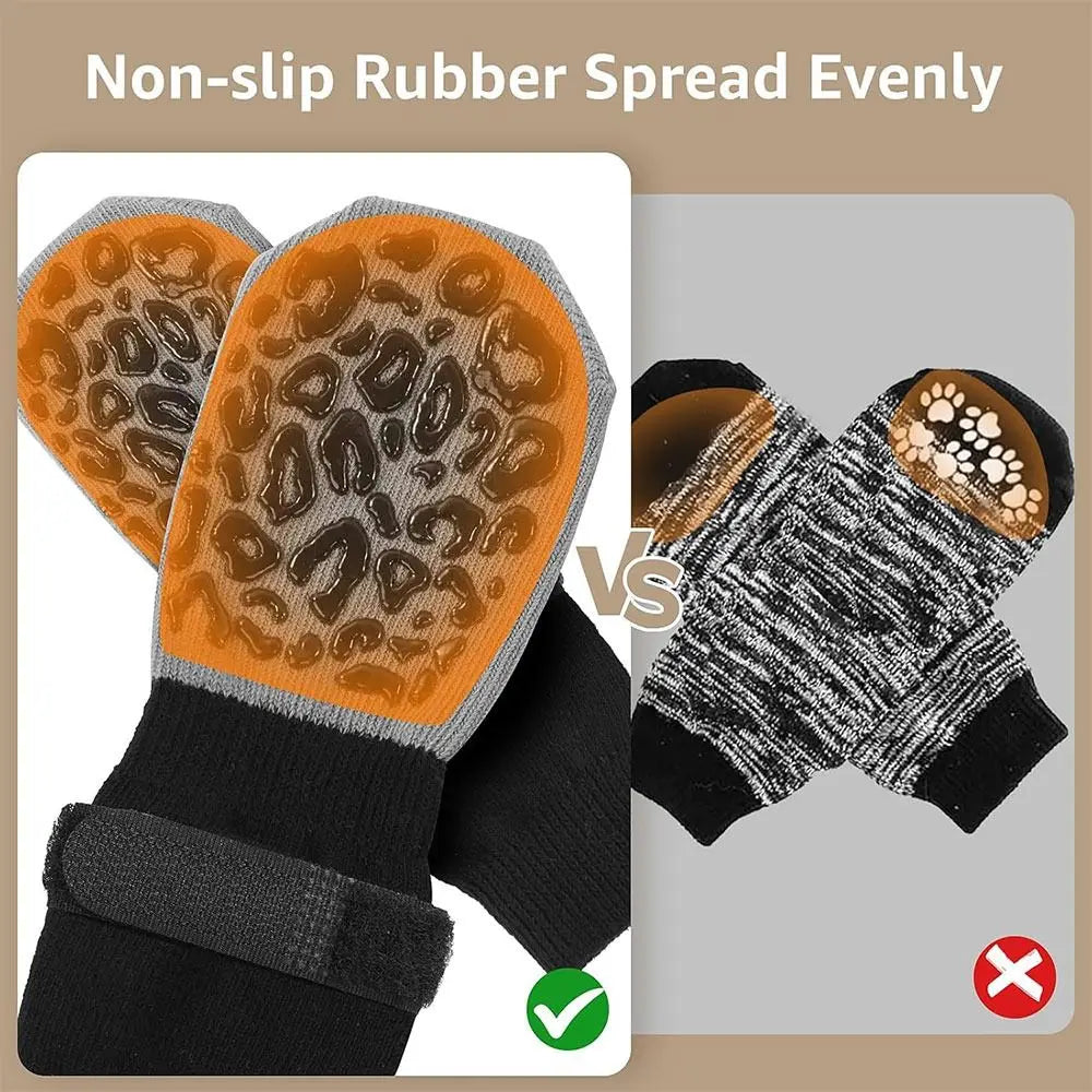 Comparison of non-slip rubber spread evenly dog socks for paw protection in orange and black.