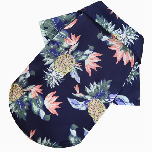Navy blue Hawaiian style pet dog summer beach shirt with floral print